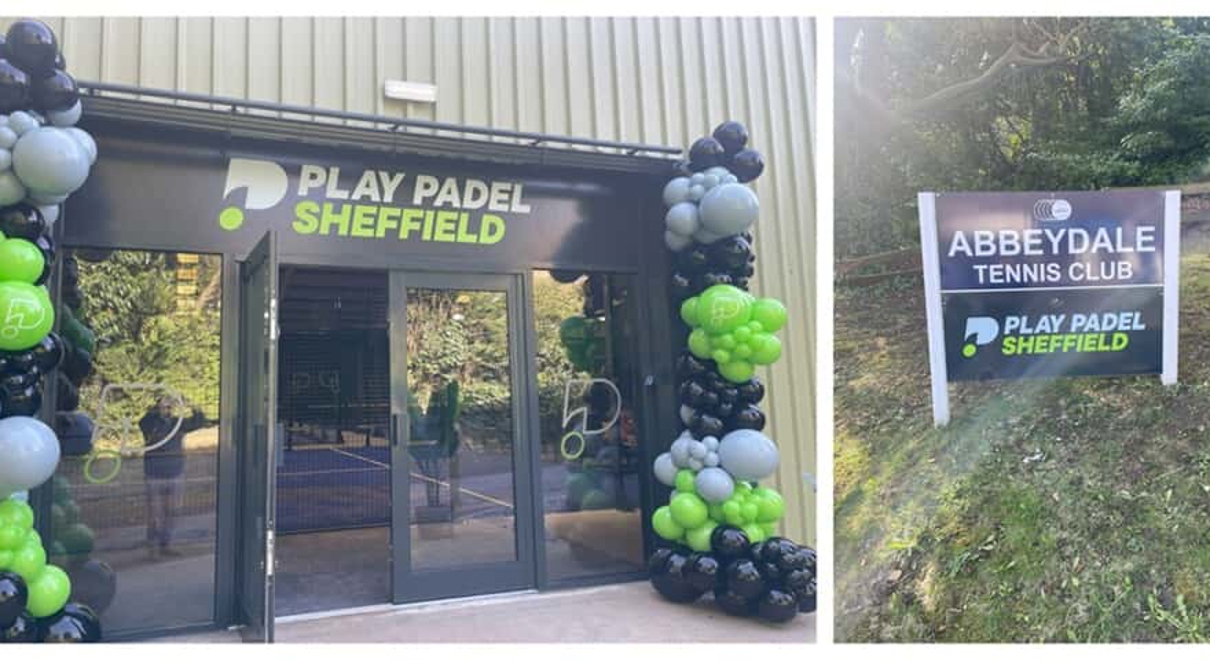 A collage of the Play padel Sheffield exterior signage above the entryway and in a post and panel sign on the lawn.